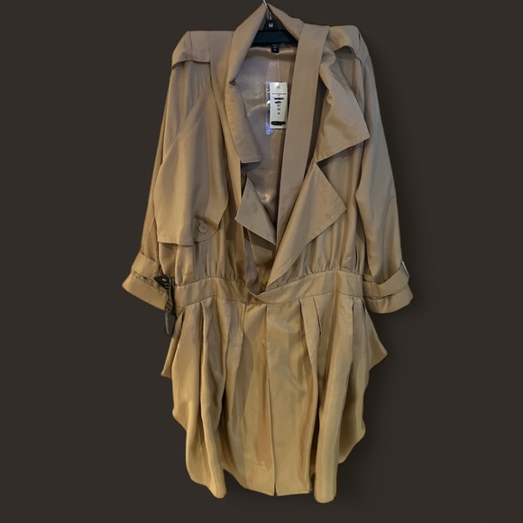 Bebe Beige Satin Drape Skirt Belted Trench Blazer Dress Coat City Socialite Chic - Picture 2 of 6